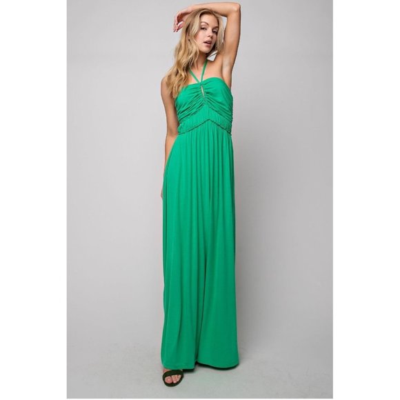 Off Shoulder Halter Dress Sleeveless Backless Smocked Ruched Pleated Dress Green - Picture 3 of 8